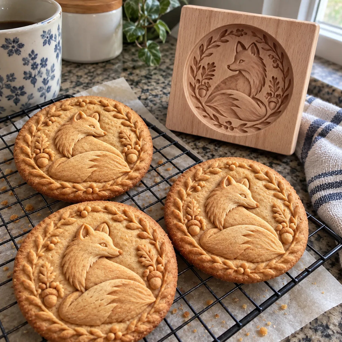 Woodland fox cookie mold with freshly baked embossed cookies