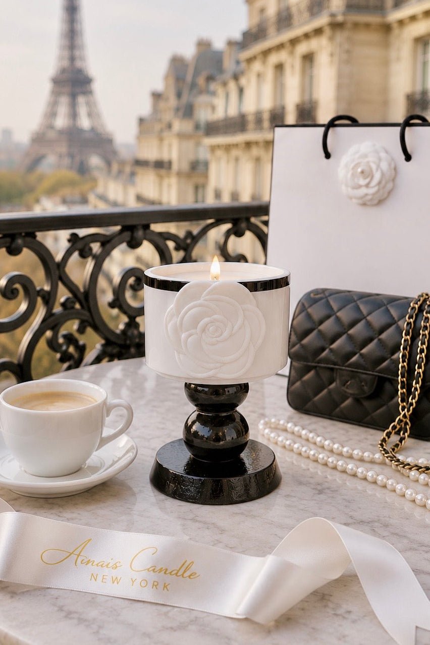 Camélia Maison Candle on a Calacatta marble coffee table