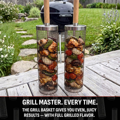🔥 Rolling BBQ Grill Basket – Easy Turning for Veggies, Shrimp & More 🥦🍤