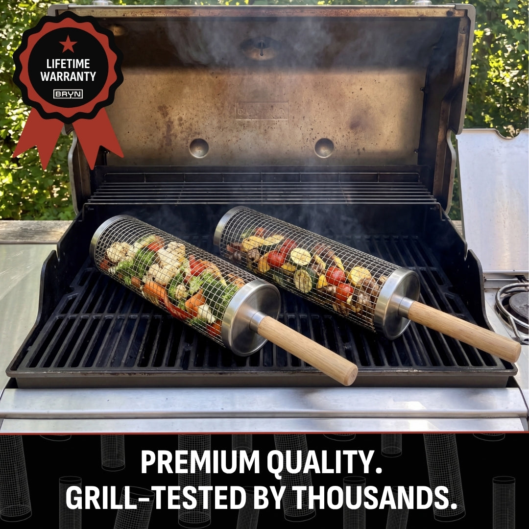 🔥 Rolling BBQ Grill Basket – Easy Turning for Veggies, Shrimp & More 🥦🍤