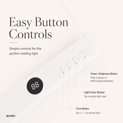 A close-up of the reading light with labeled button controls and a small black digital display, shown on a light beige background with text reading 'Easy Button Controls' and the brand name auren.