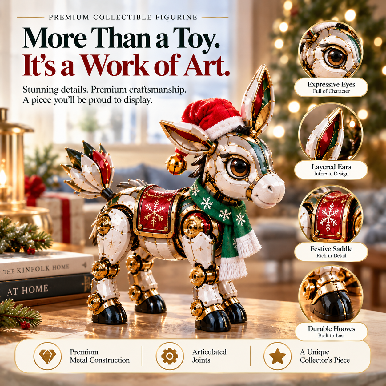 Festive mechanical donkey collectible displayed in a cozy Christmas setting