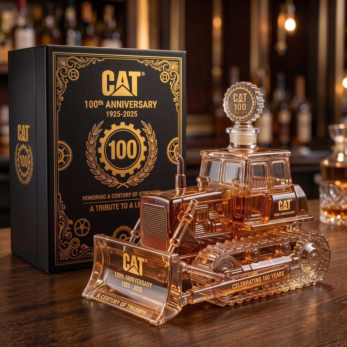 🔥CAT 100th Anniversary Bulldozer Crystal Whiskey Decanter