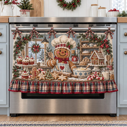 🎅🍪 Santa’s Christmas Bakery Oven Curtain – Cozy Plaid Holiday Kitchen Decor