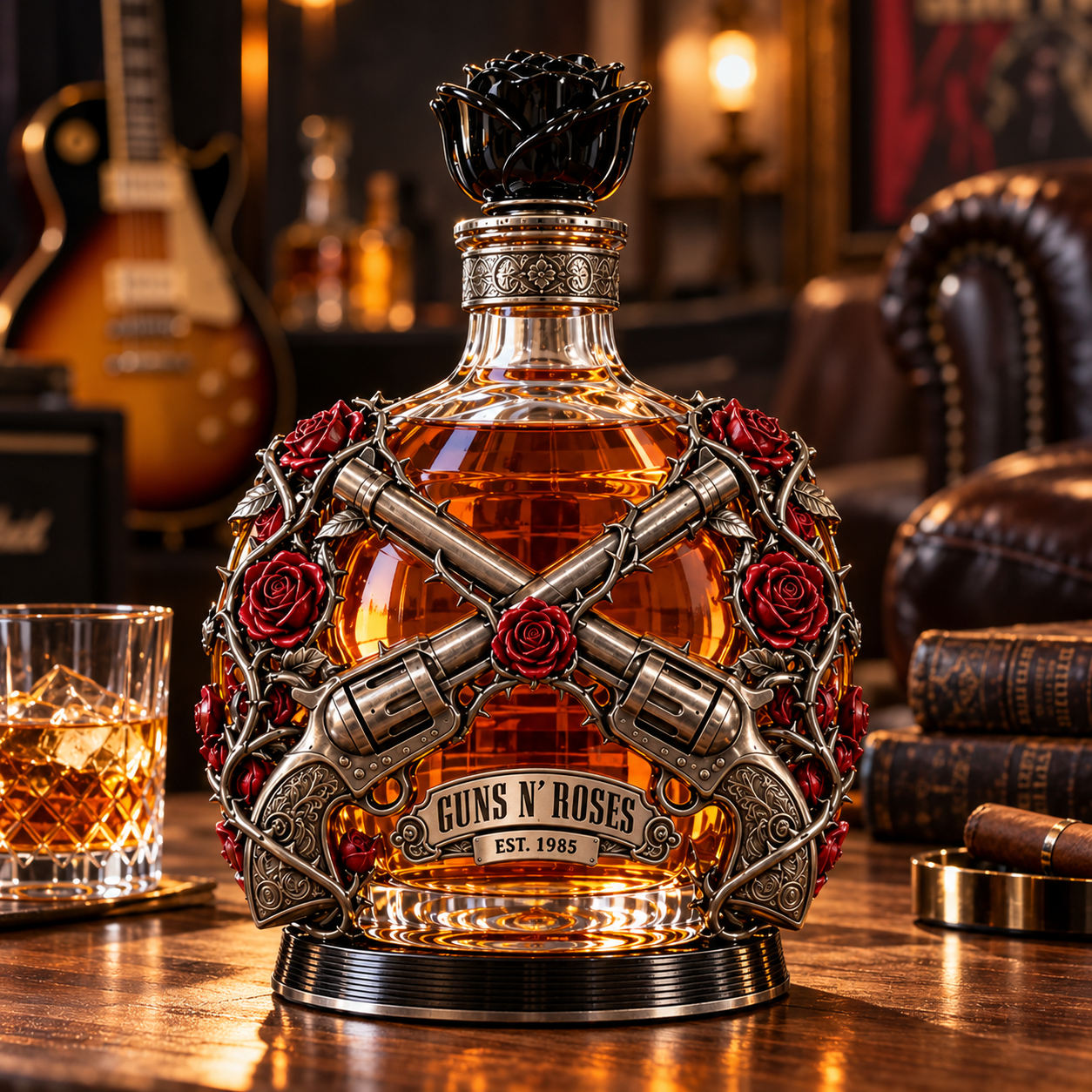 Roses and Rebellion decorative whiskey decanter with red roses, crossed vintage motifs and black rose stopper