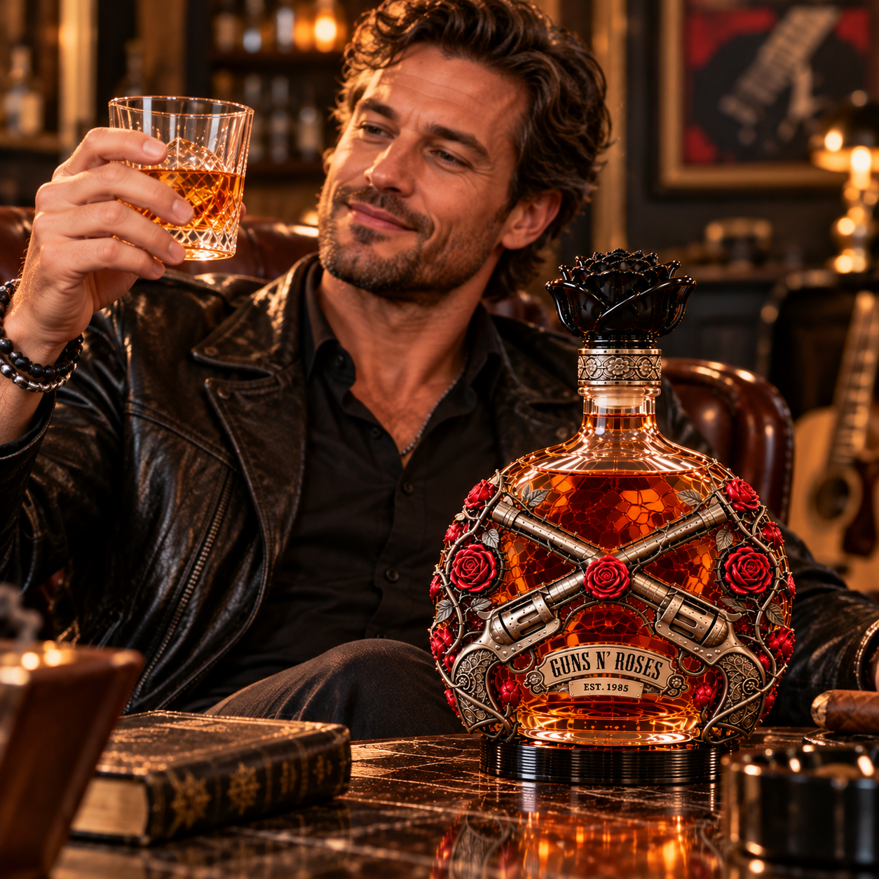 Man raising a whiskey glass beside a rock-inspired decorative decanter in a cozy lounge