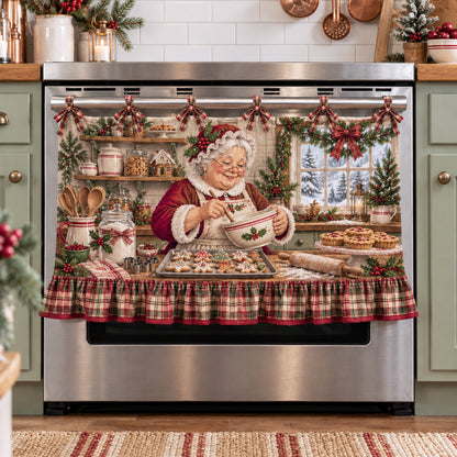 🎅🍪 Santa’s Christmas Bakery Oven Curtain – Cozy Plaid Holiday Kitchen Decor