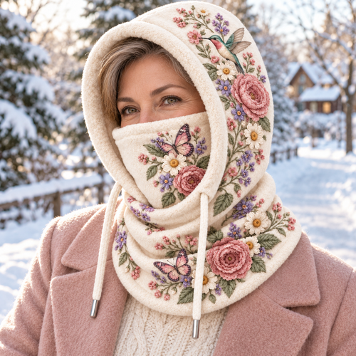 🌸 Women’s Floral 3-in-1 Winter Hood – Fleece-Lined Hat, Face Cover & Neck Warmer