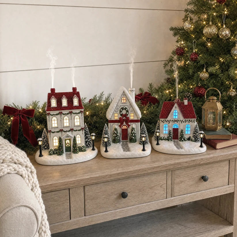 🎄✨ Christmas Cottage Aroma Diffuser – Glowing Holiday Village House with Chimney Mist & Cozy LED Lights 🏠