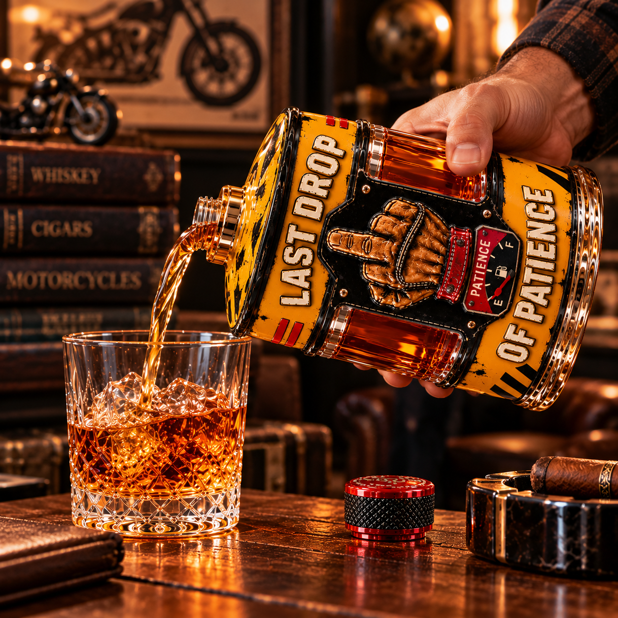 Oil drum whiskey decanter pouring an amber-colored drink from its open neck into a glass
