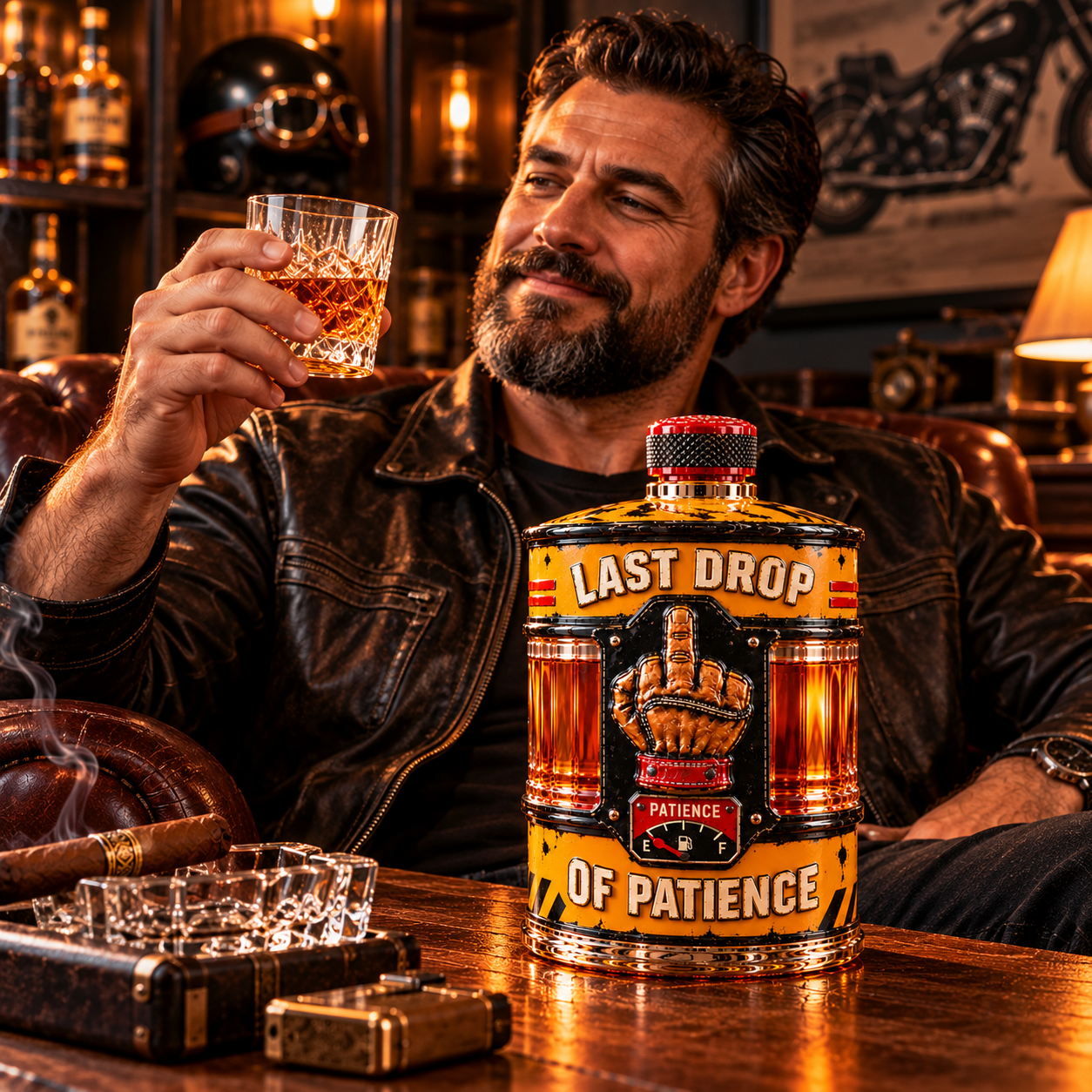 Man relaxing in a vintage-style home bar with the oil drum whiskey decanter on the table