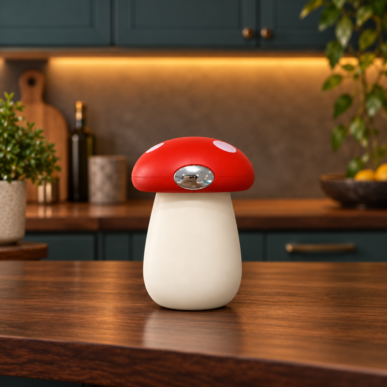Mushroom bottle opener displayed in a warm modern kitchen