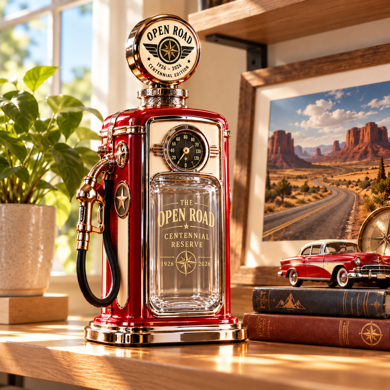 Open Road gas pump decanter displayed alongside classic car memorabilia