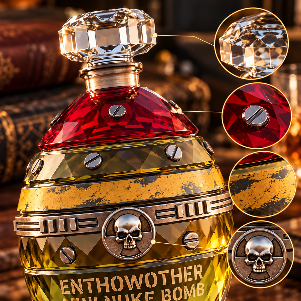 Close-up showing the faceted stopper, red bottle shoulder, worn gold-style decorative bands and skull emblem