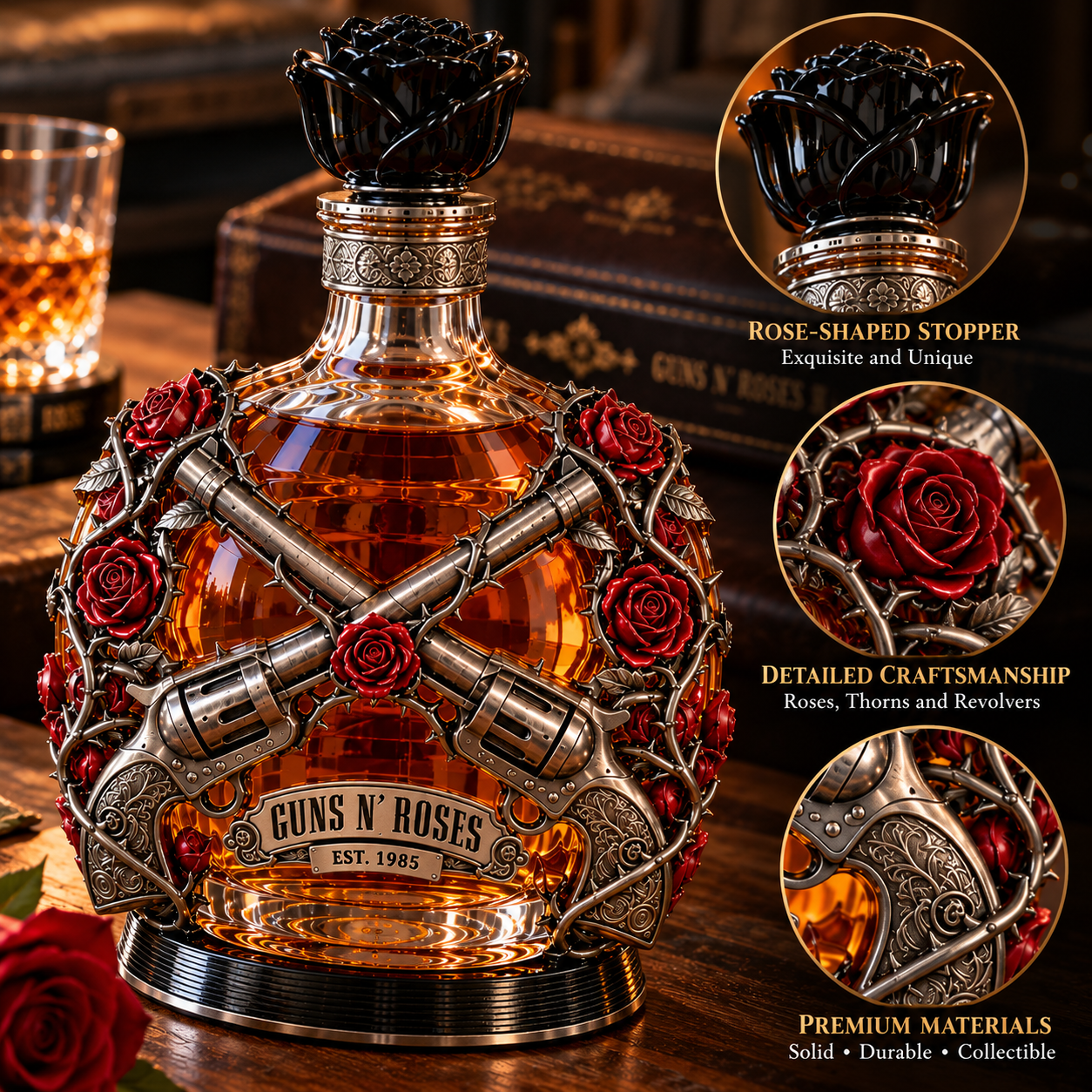 Detail views of decorative red roses, thorned vines, vintage revolver ornamentation and black rose stopper