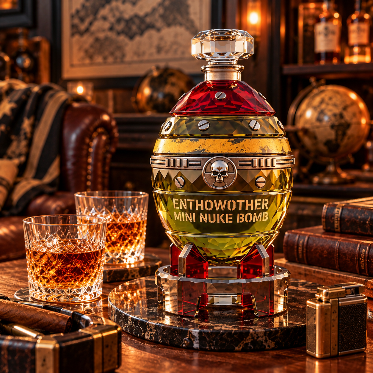 Mini Nuke whiskey decanter displayed with whiskey glasses in a vintage collector's home bar