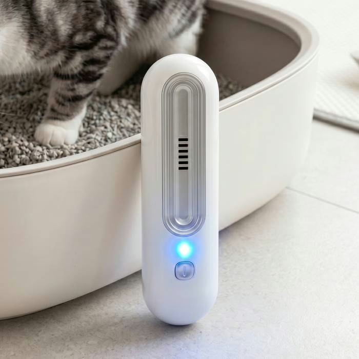 OzoFreshen source image beside a cat litter tray