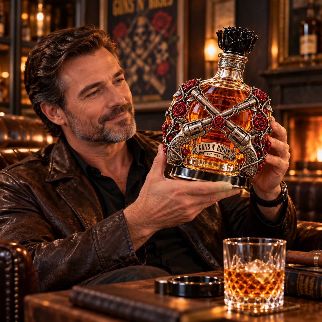 Rock music enthusiast admiring Roses and Rebellion decorative decanter in a vintage-inspired lounge