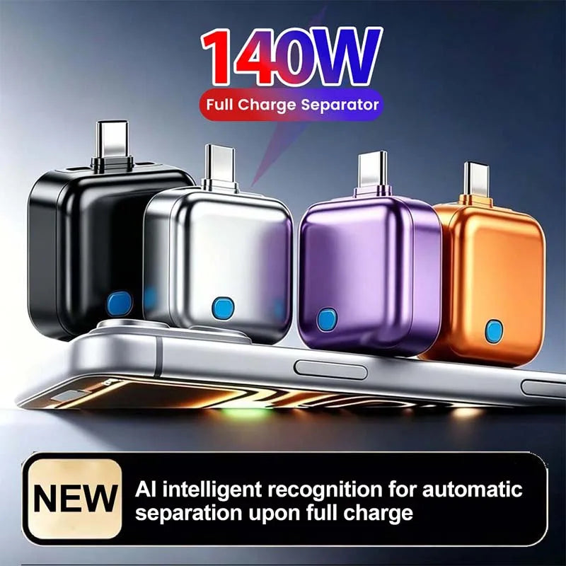 Four colors of smart USB-C charging cutoff adapter in black silver purple and orange