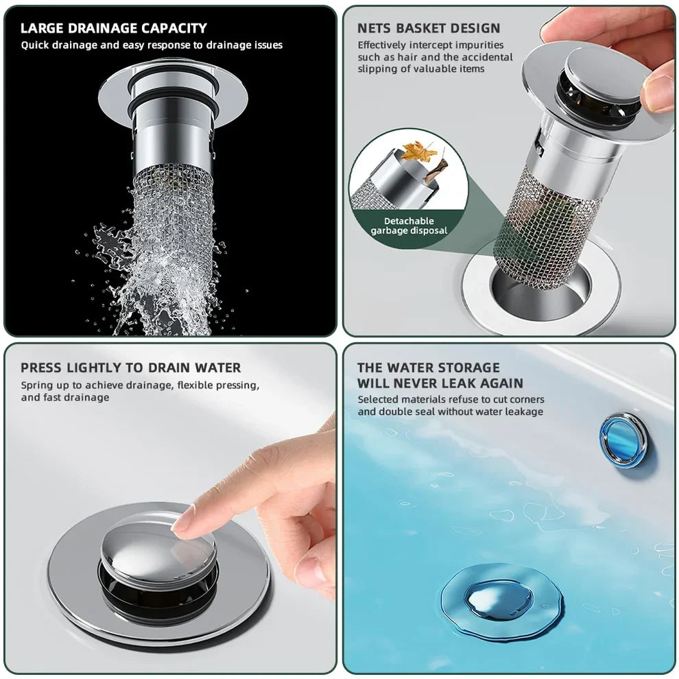 🚰 Universal Push-Button Sink Drain Stopper – Easy Press Seal for Bathroom & Kitchen Sinks ✨