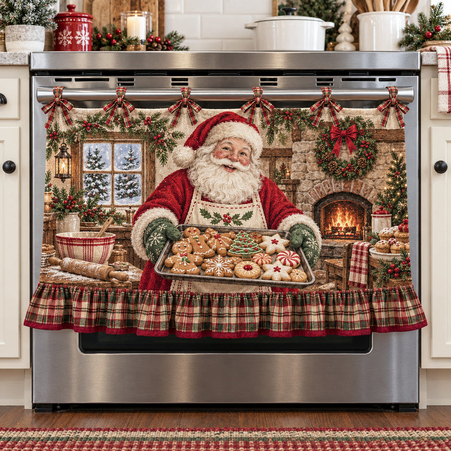 🎅🍪 Santa’s Christmas Bakery Oven Curtain – Cozy Plaid Holiday Kitchen Decor