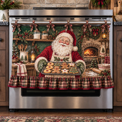 🎅🍪 Santa’s Christmas Bakery Oven Curtain – Cozy Plaid Holiday Kitchen Decor