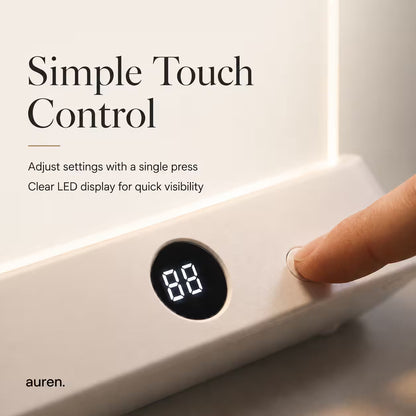 A close-up of the reading light  with a circular black display showing '88' and a finger pressing a button, under the text 'Simple Touch Control'. The brand name 'auren.