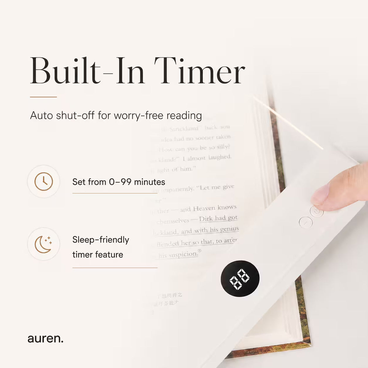 A hand holds a white Auren reading light built-in timer book light over an open book, demonstrating its use for reading. The image includes text highlighting features like the built-in timer, auto shut-off, and sleep-friendly timer feature.