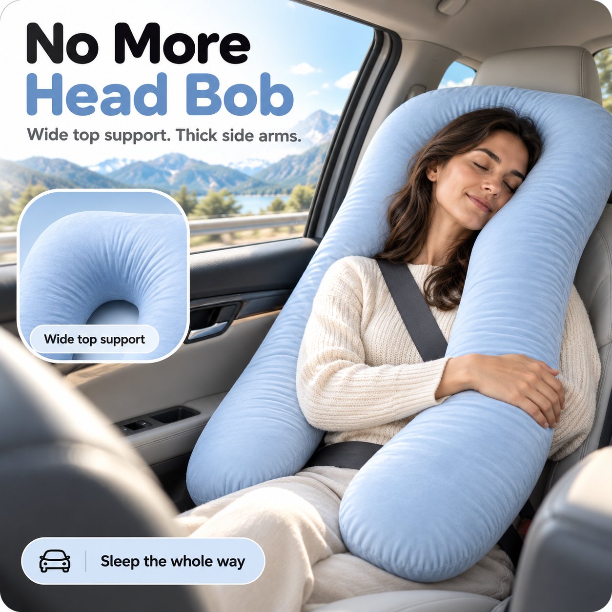 Woman relaxing in the passenger seat with a long blue U-shaped pillow supporting her head and arms