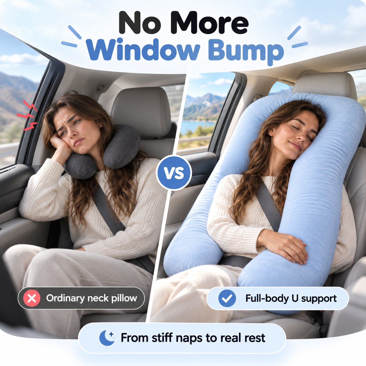 Comparison of ordinary travel neck pillow and larger blue U-shaped travel pillow beside a passenger