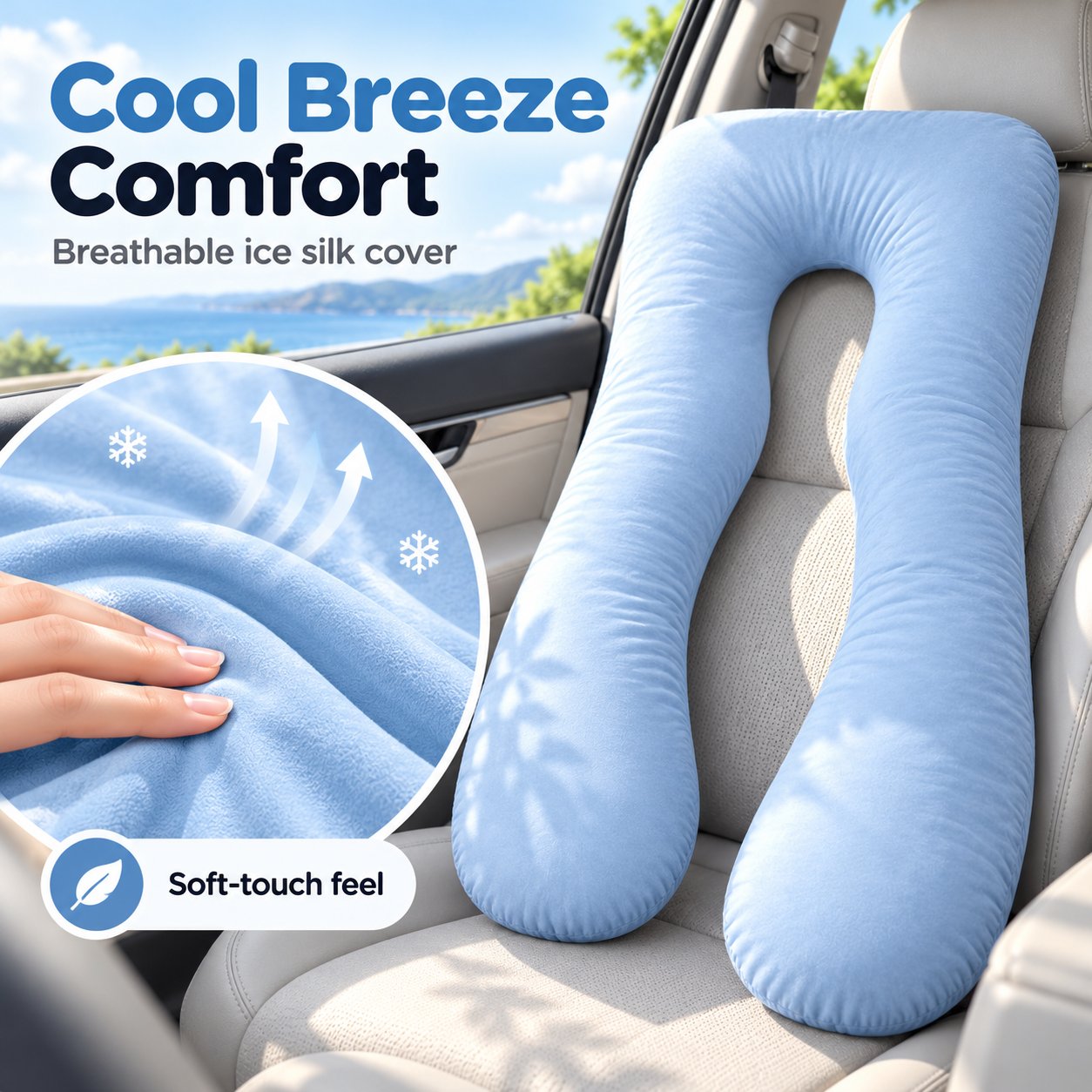 Close view of the blue U-shaped pillow and its soft-touch breathable cover