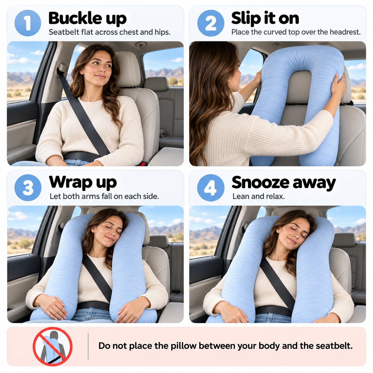 Step-by-step illustration showing a passenger fastening a seatbelt and placing the U-shaped pillow over the seat headrest