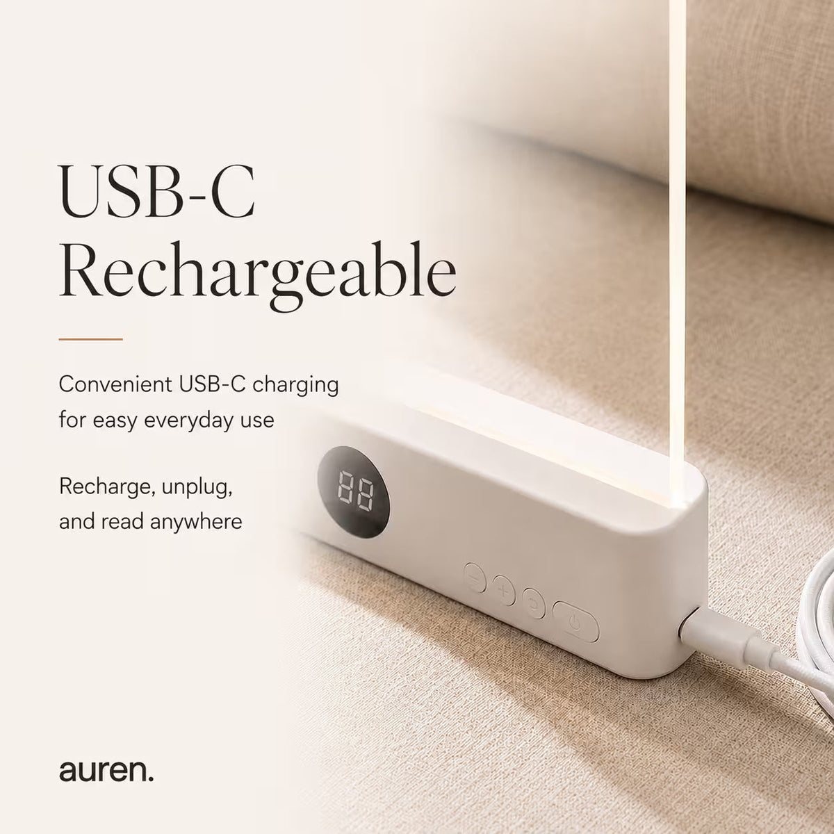 A white USB-C rechargeable option for aurne reading light shown plugged into a beige fabric surface with promotional text on a clean light background.
