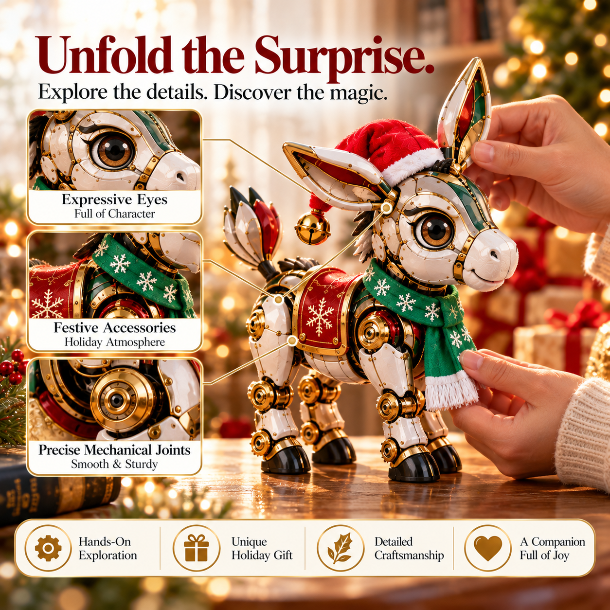 Close-up of Christmas mechanical donkey with big eyes long ears decorated joints and snowflake scarf