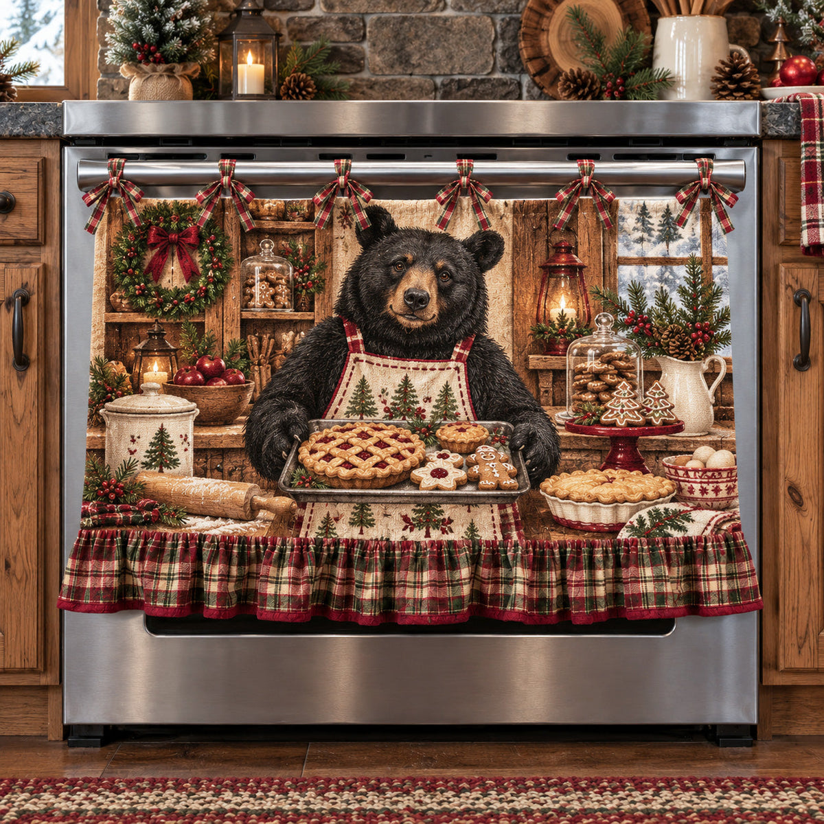 🎅🍪 Santa’s Christmas Bakery Oven Curtain – Cozy Plaid Holiday Kitchen Decor