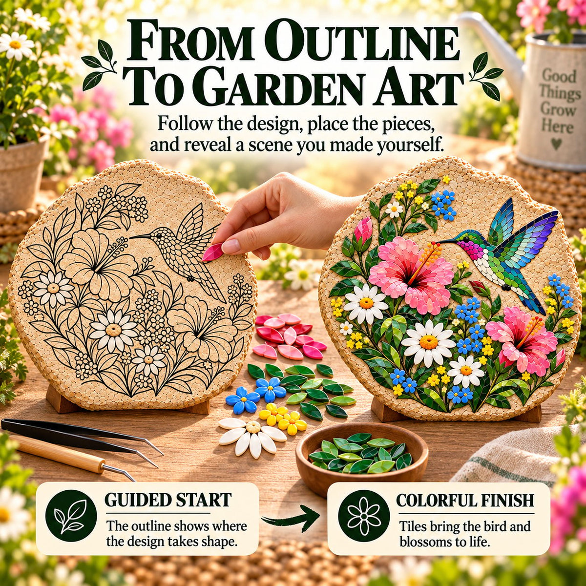 ⏳ Last Day 49% OFF – 🐦 Beginner-Friendly Hummingbird Wildflower Mosaic DIY Kit | Complete Kit with Mosaic Pieces, Tools & Guide Included 💕