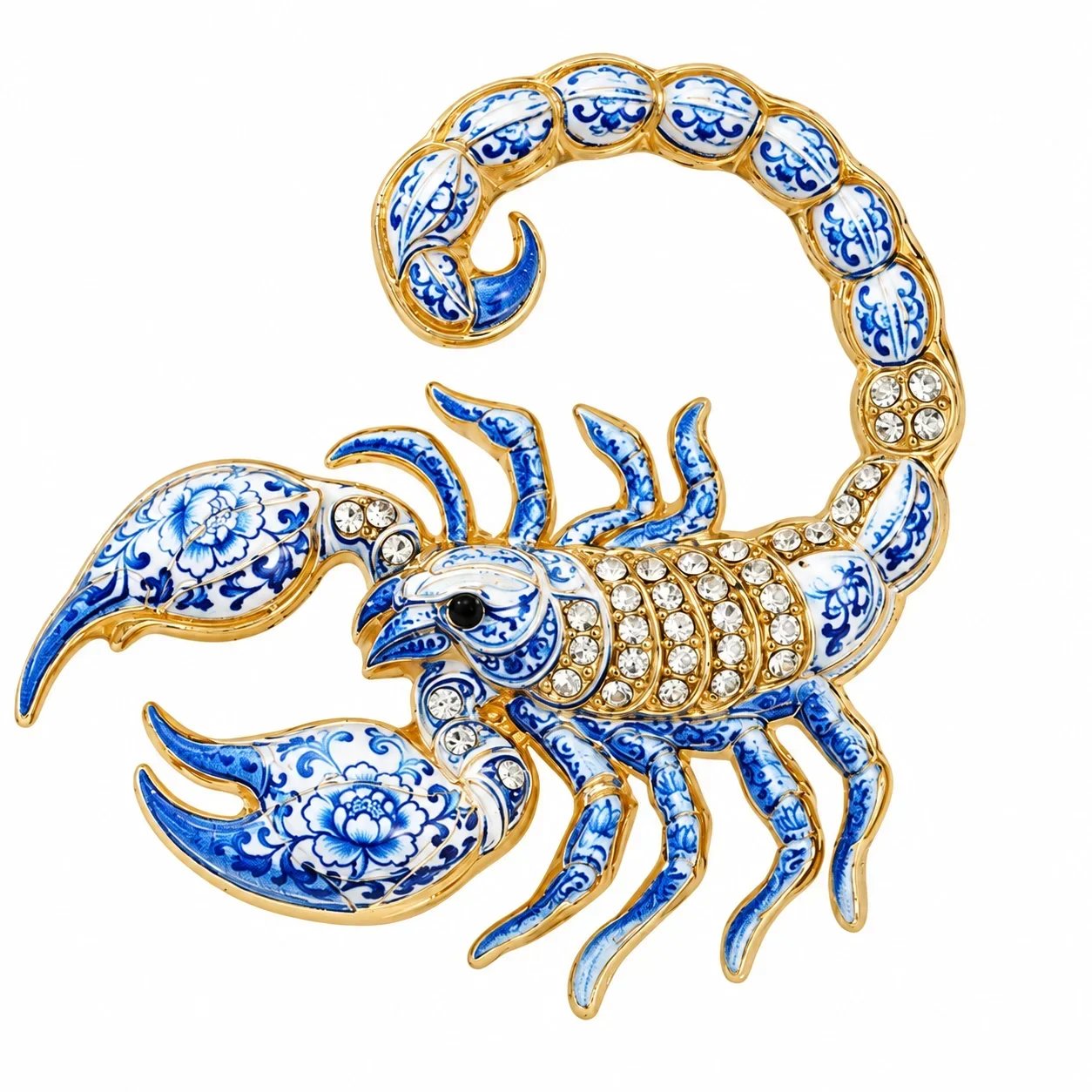 Scorpio zodiac enamel brooch with cobalt-blue ornamentation, gold-tone outlines and crystal-look details