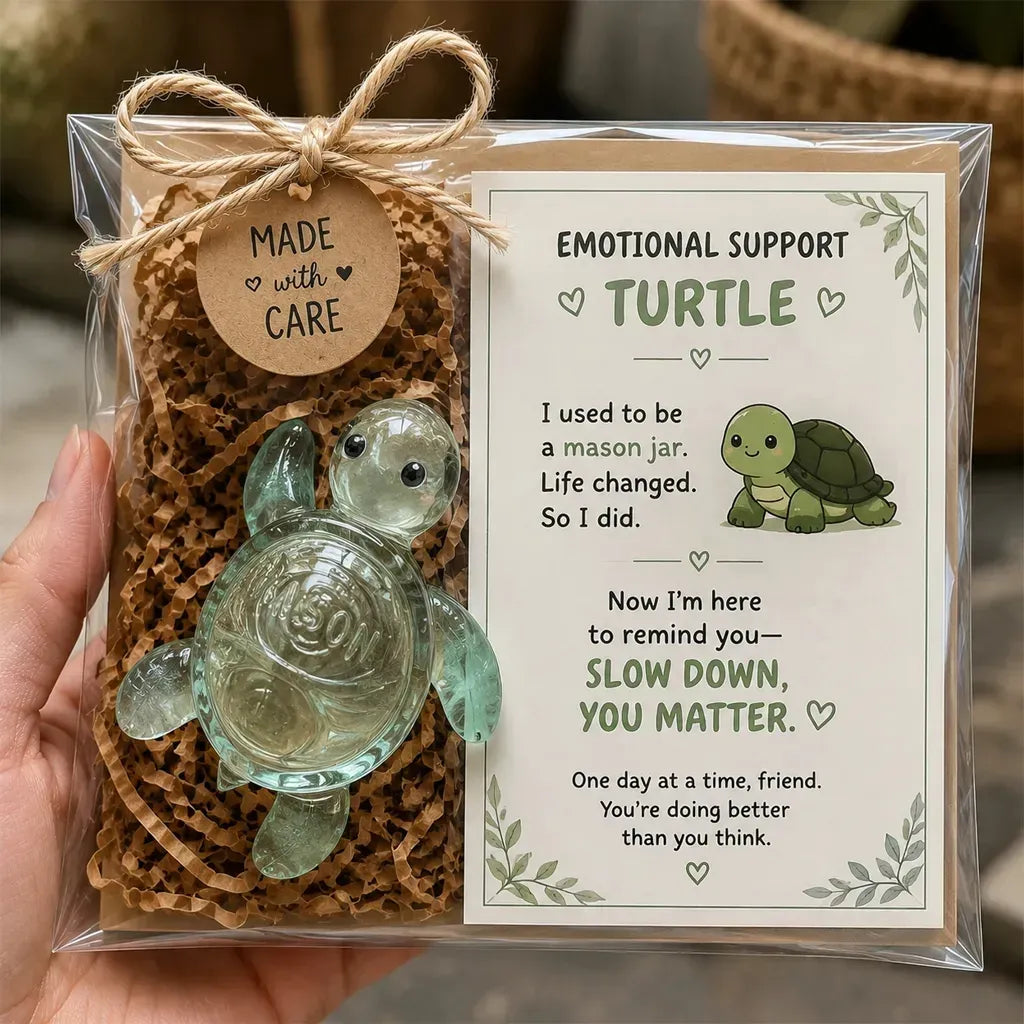 Glass turtle with encouragement card reading Slow Down You Matter