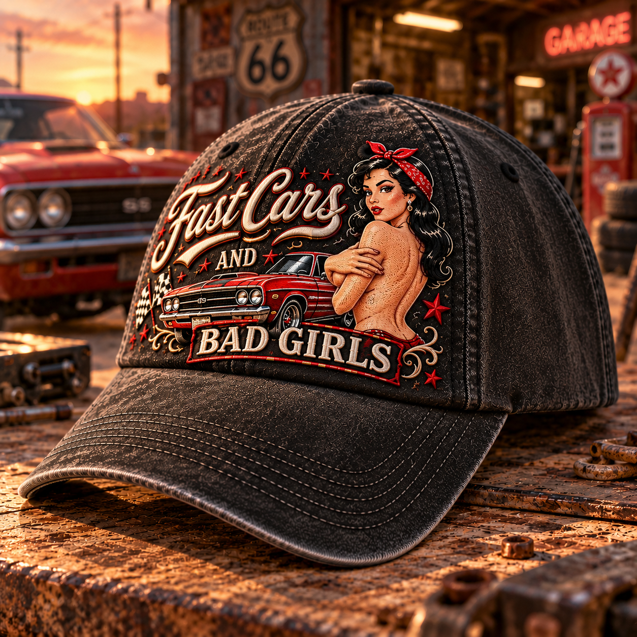 Fast Cars And Bad Girls distressed black baseball cap with classic red muscle car and retro pin-up artwork