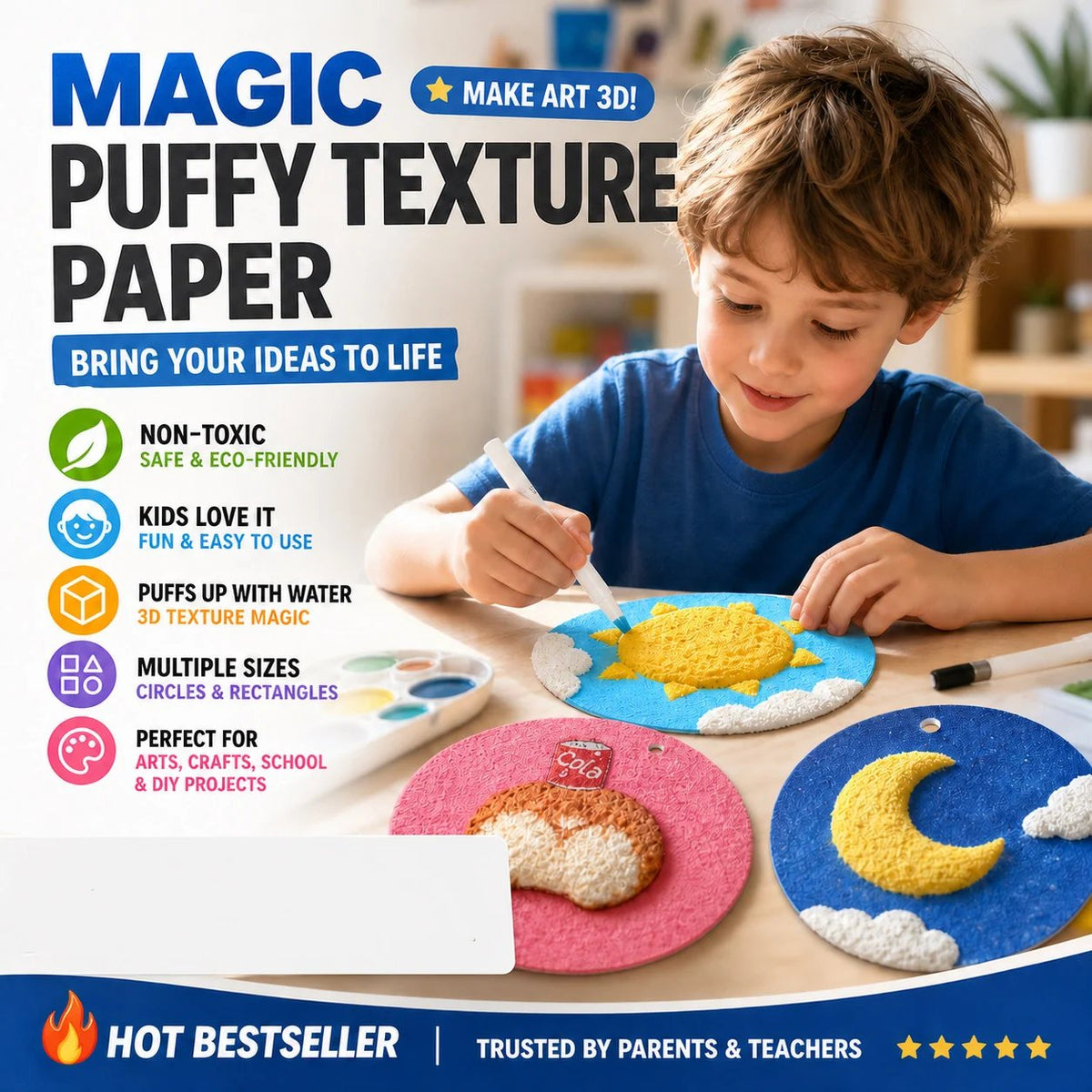 🎨 Magic 3D Foam Texture Painting Paper – Water-Activated Puffy Art Paper