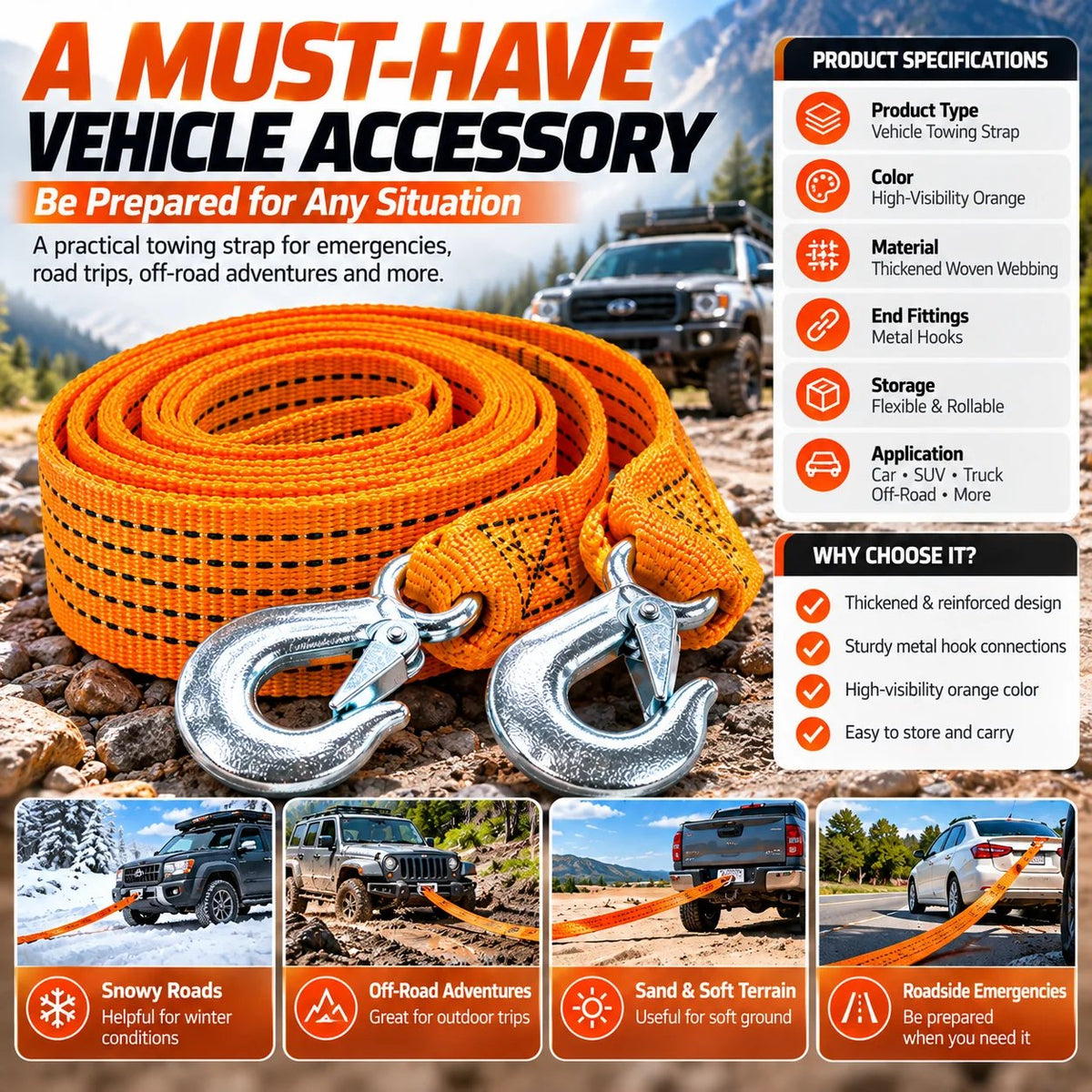 🚗 Heavy-Duty Tow Strap with Metal Hooks – Thickened High-Strength Vehicle Towing Rope