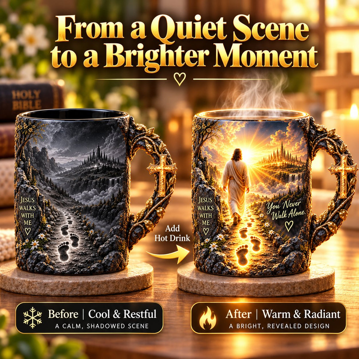 Faith-Inspired Heat-Reveal Mug – You Never Walk Alone 🕊️