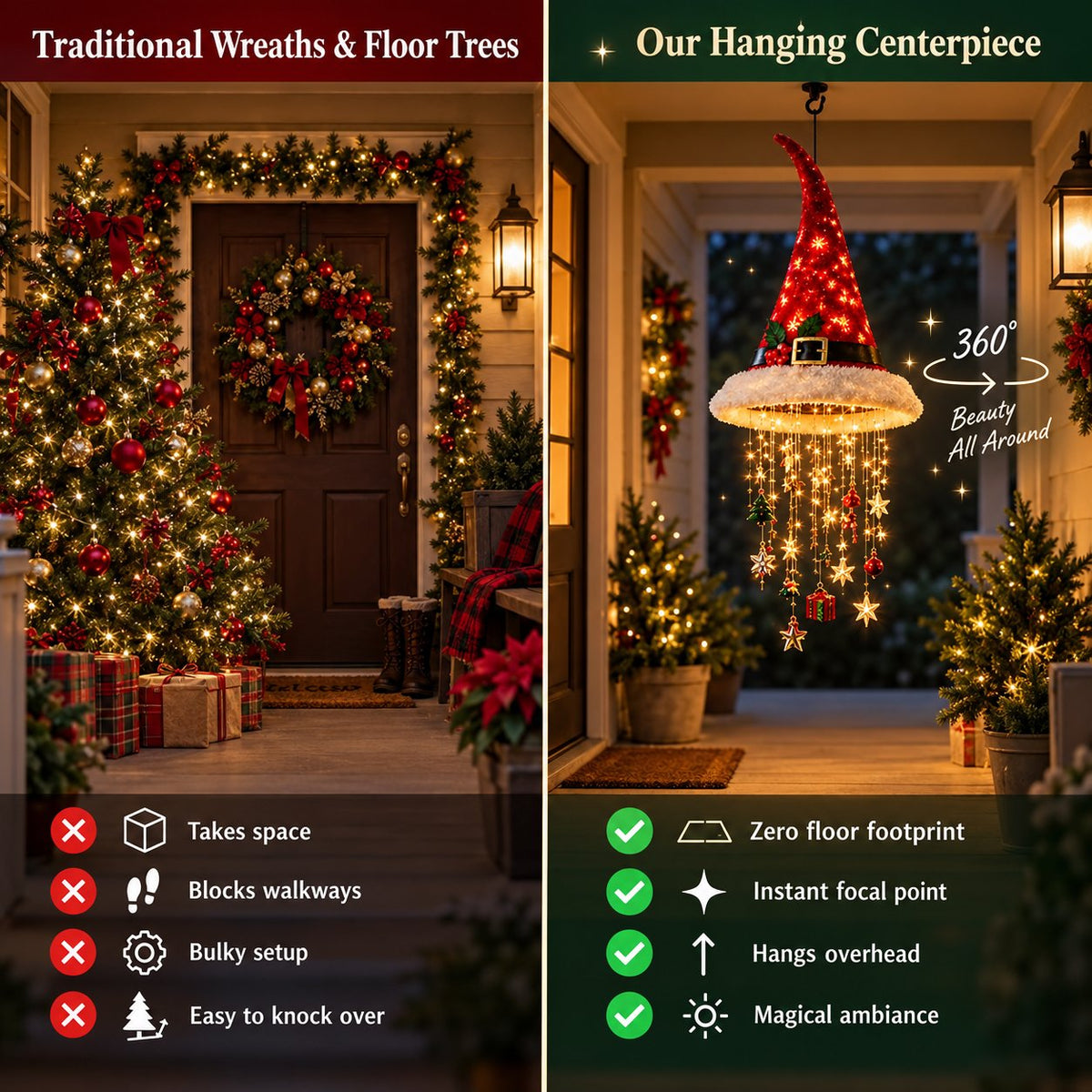 🎄 Hanging Santa Hat LED Tree Lights – Cascading Christmas Glow for Festive Holiday Decor 🎅