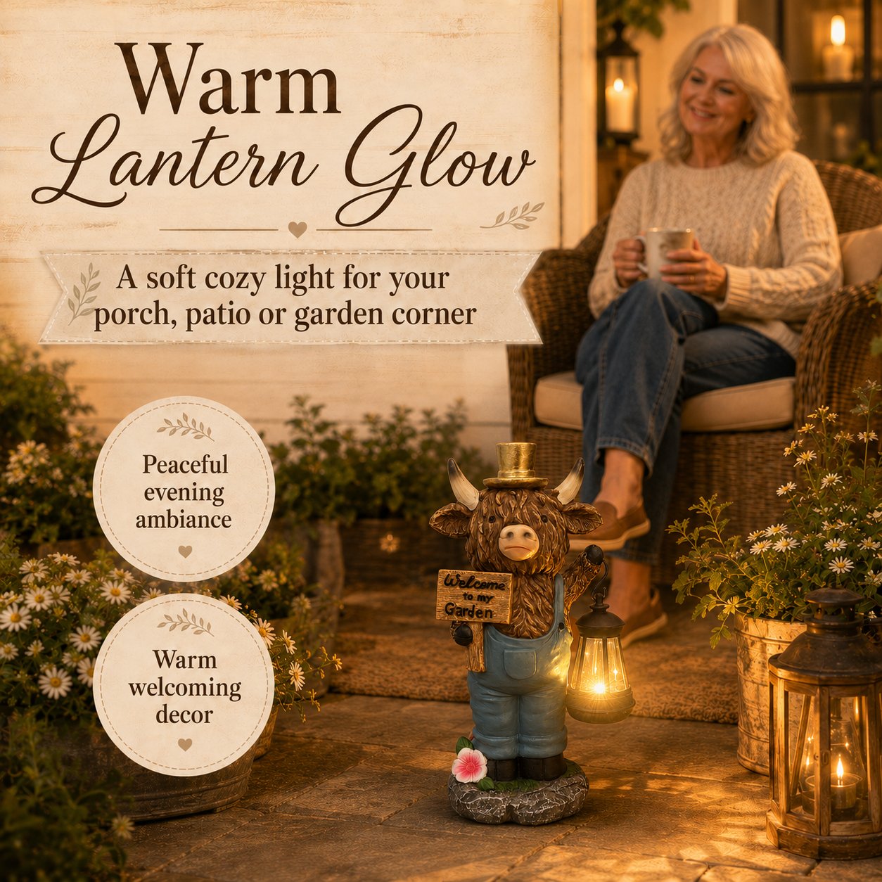 Highland cow garden lantern glowing beside a cozy porch seating area