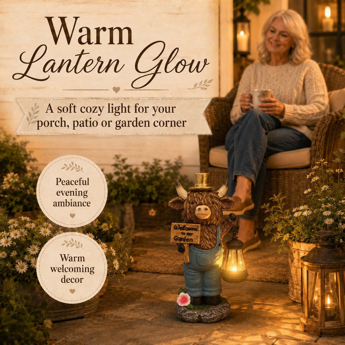 🐮🏮 Highland Cow Solar Garden Lantern Statue – Rustic Farmhouse Glow for Garden & Porch ✨