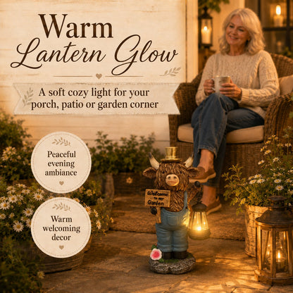 🐮🏮 Highland Cow Solar Garden Lantern Statue – Rustic Farmhouse Glow for Garden & Porch ✨