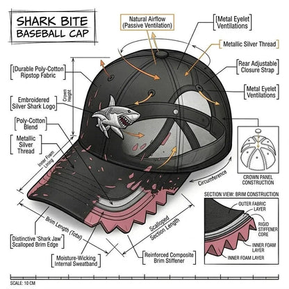🎉🦈 Shark Bite Baseball Cap | Embroidered Shark • Bite-Shaped Frayed Brim