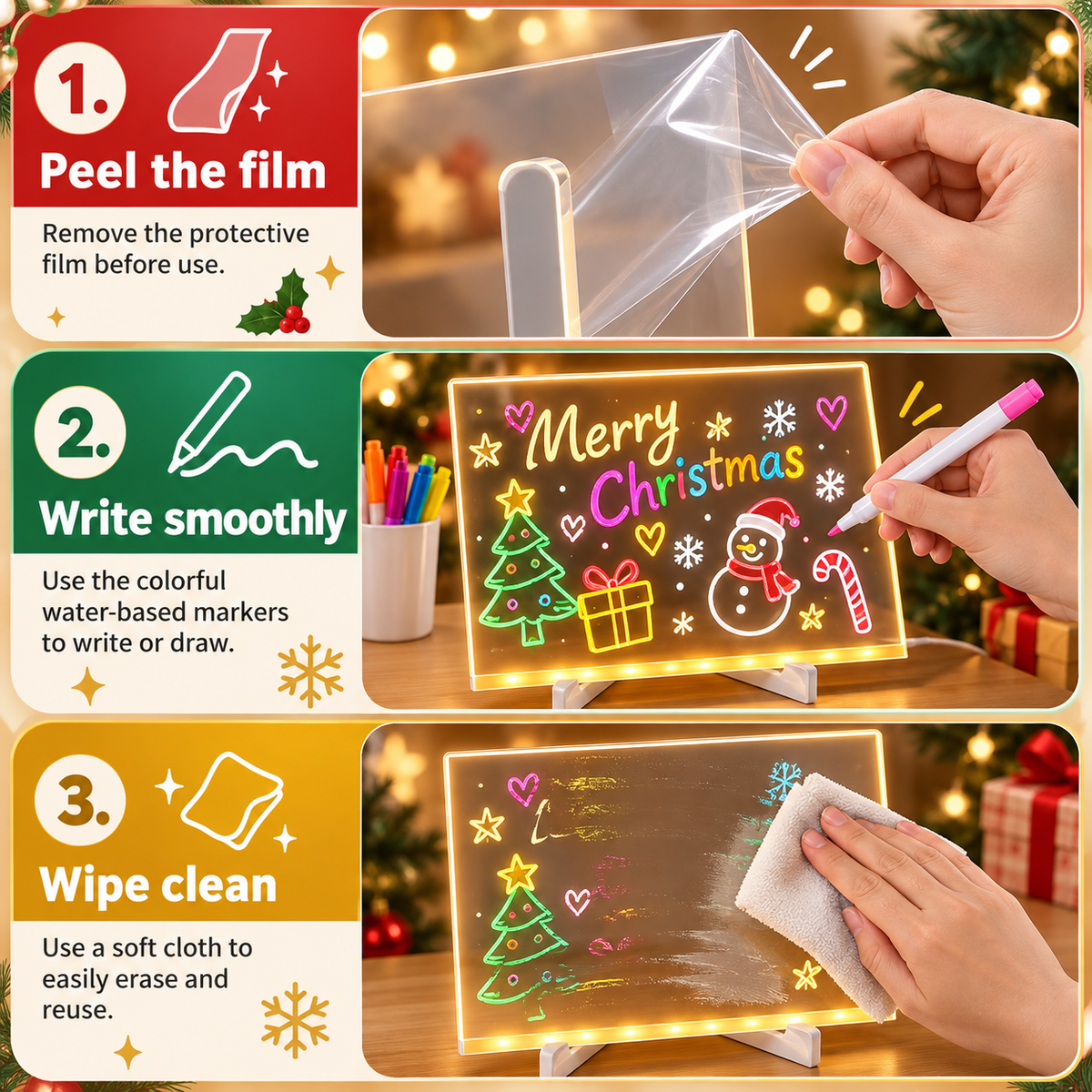 🎨 Reusable Acrylic LED Writing & Drawing Board – 7 Color Pens Included
