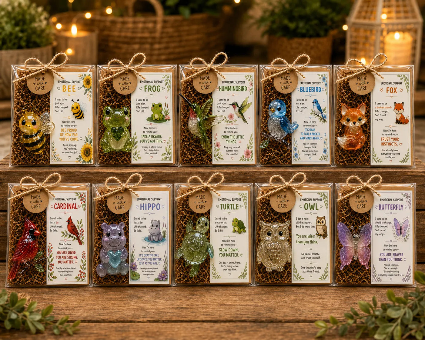 Collection of ten emotional support glass animals with meaningful encouragement cards