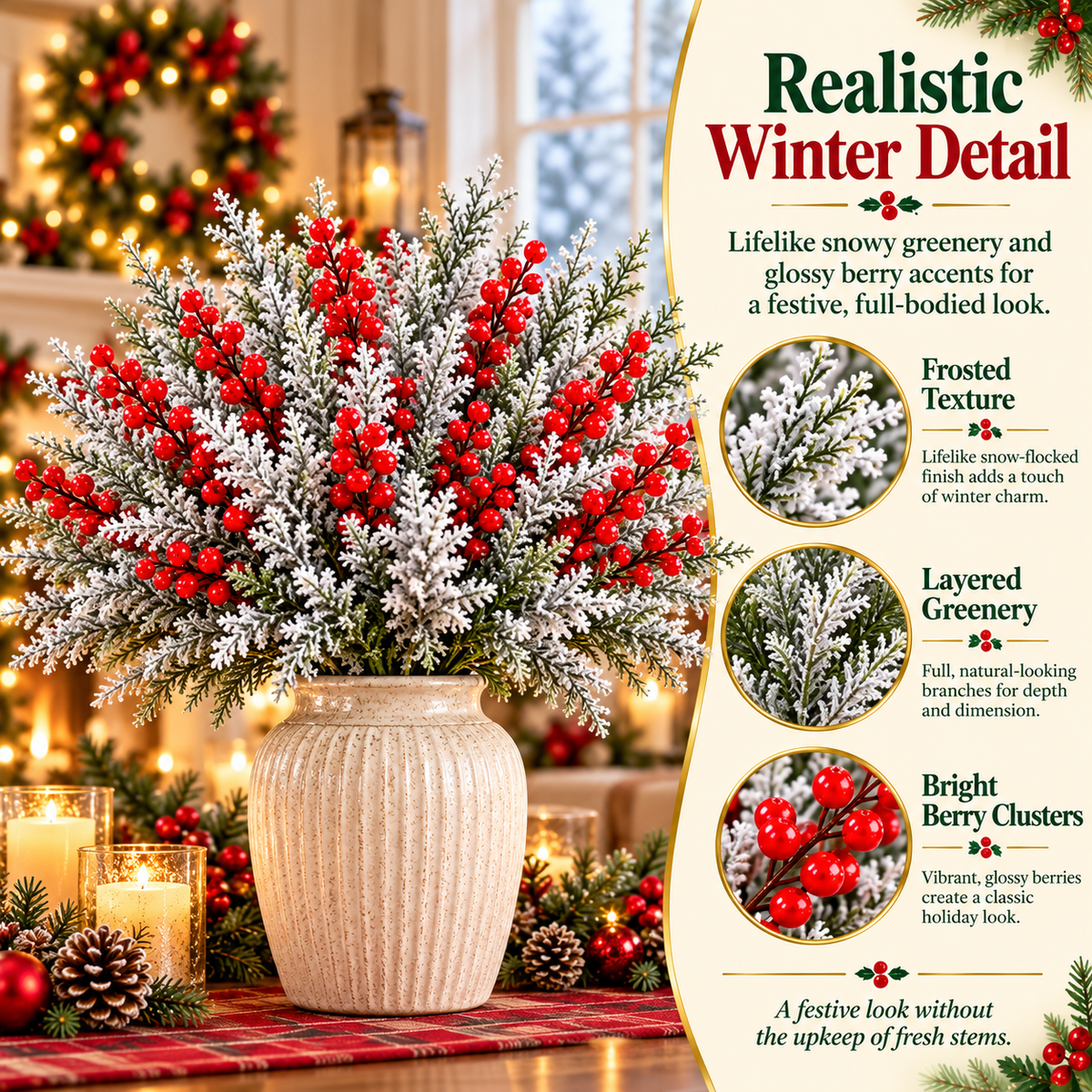 ❄️ Snow-Frosted Christmas Greenery & Red Berry Stems – Elegant Winter Home Decor 🎄